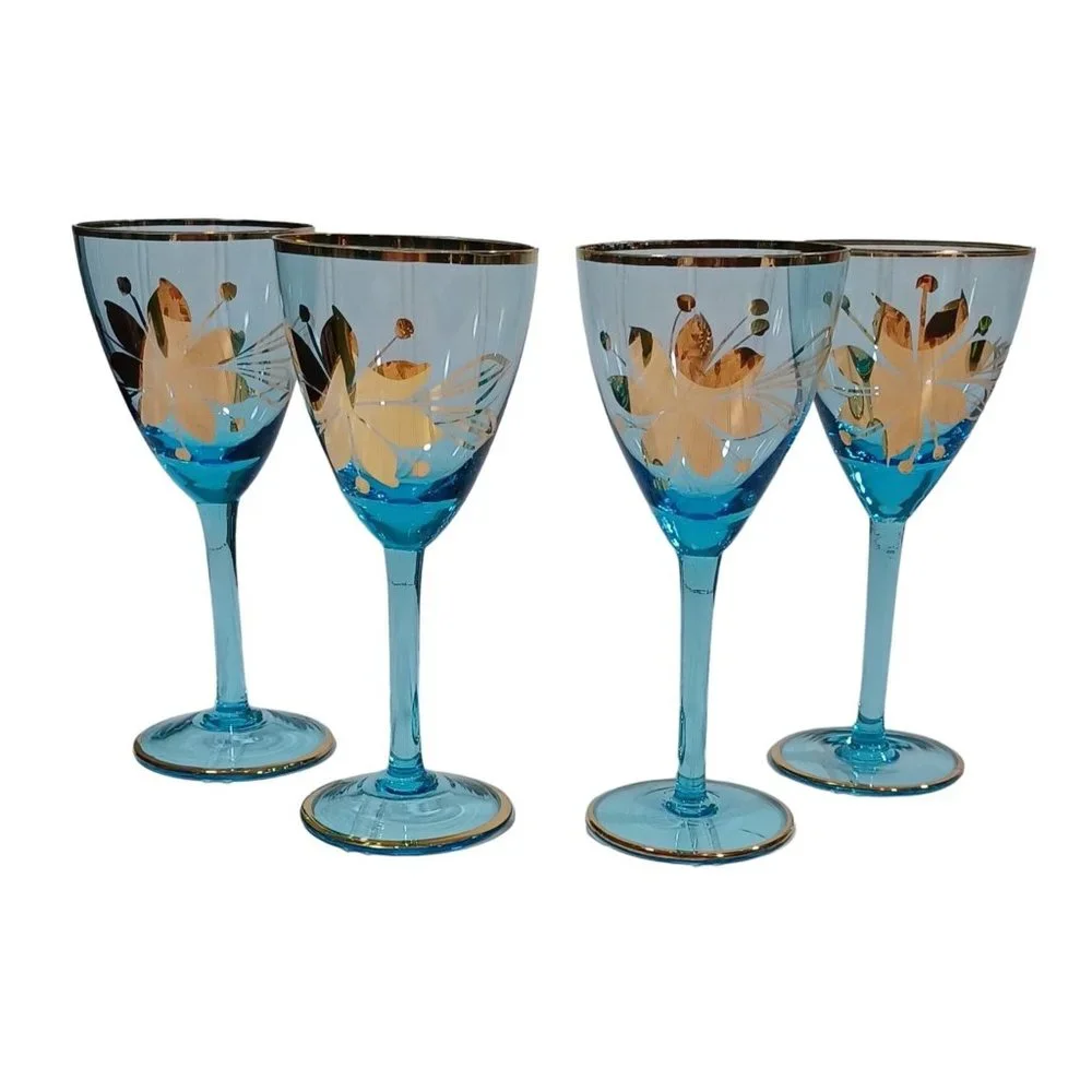 Mid Century Italian Art Glass Wine Cordial Glasses 24K Gold Turquoise Aqua Blue - Picture 3 of 7